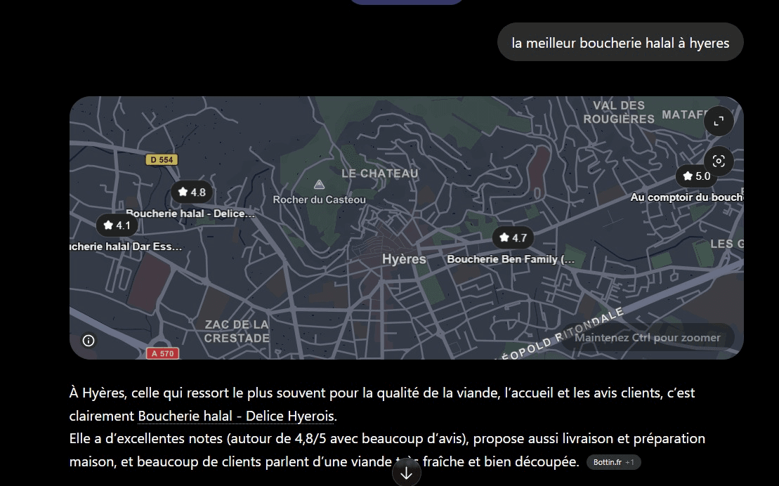 Capture ChatGPT montrant Délice Hyérois comme meilleure boucherie à Hyères